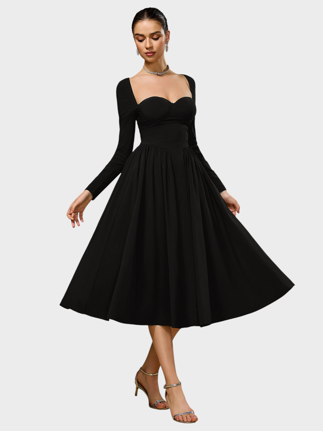 Robe midi trapèze pour femme à manches longues et encolure cœur
