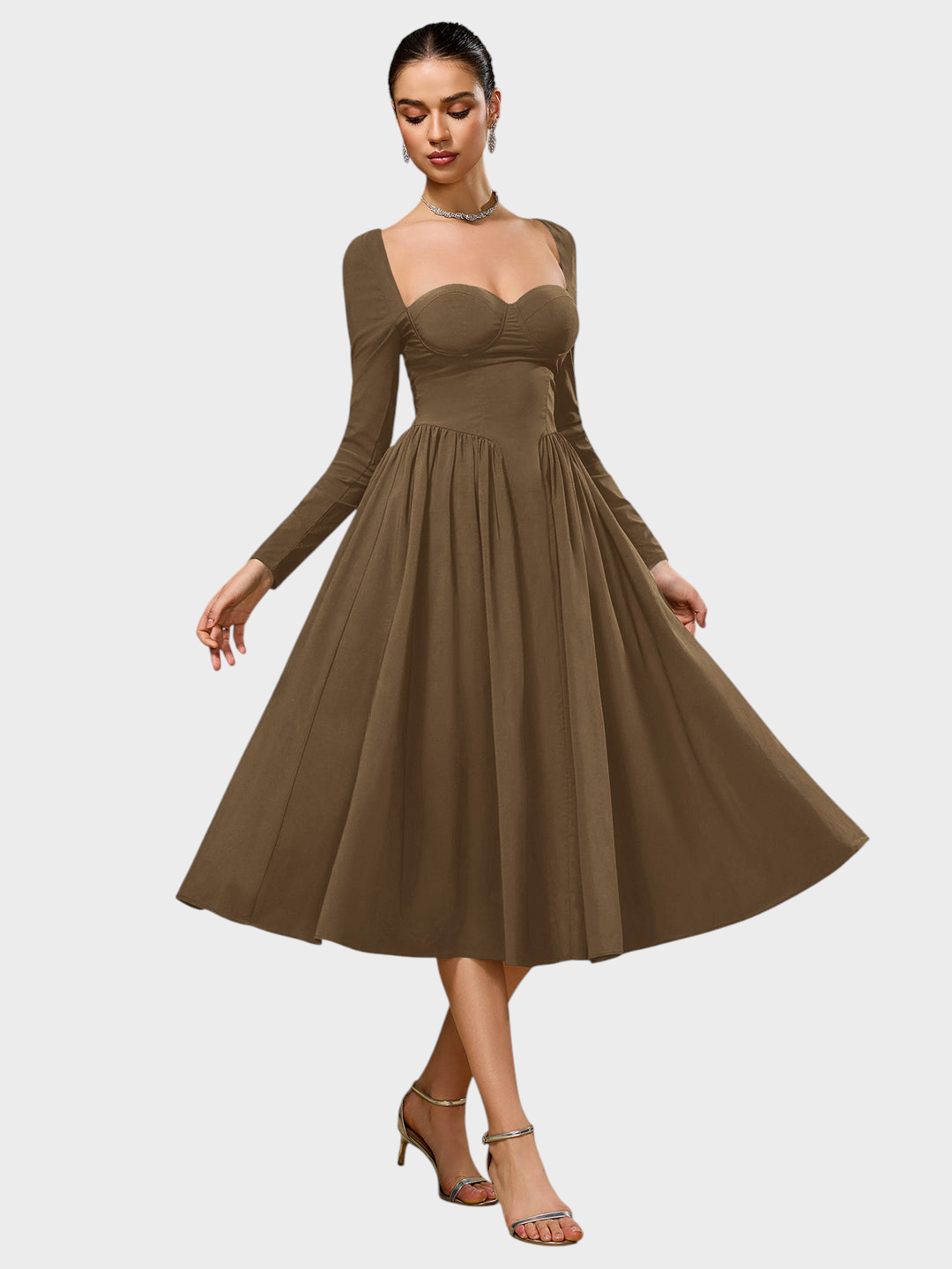 Robe midi trapèze pour femme à manches longues et encolure cœur