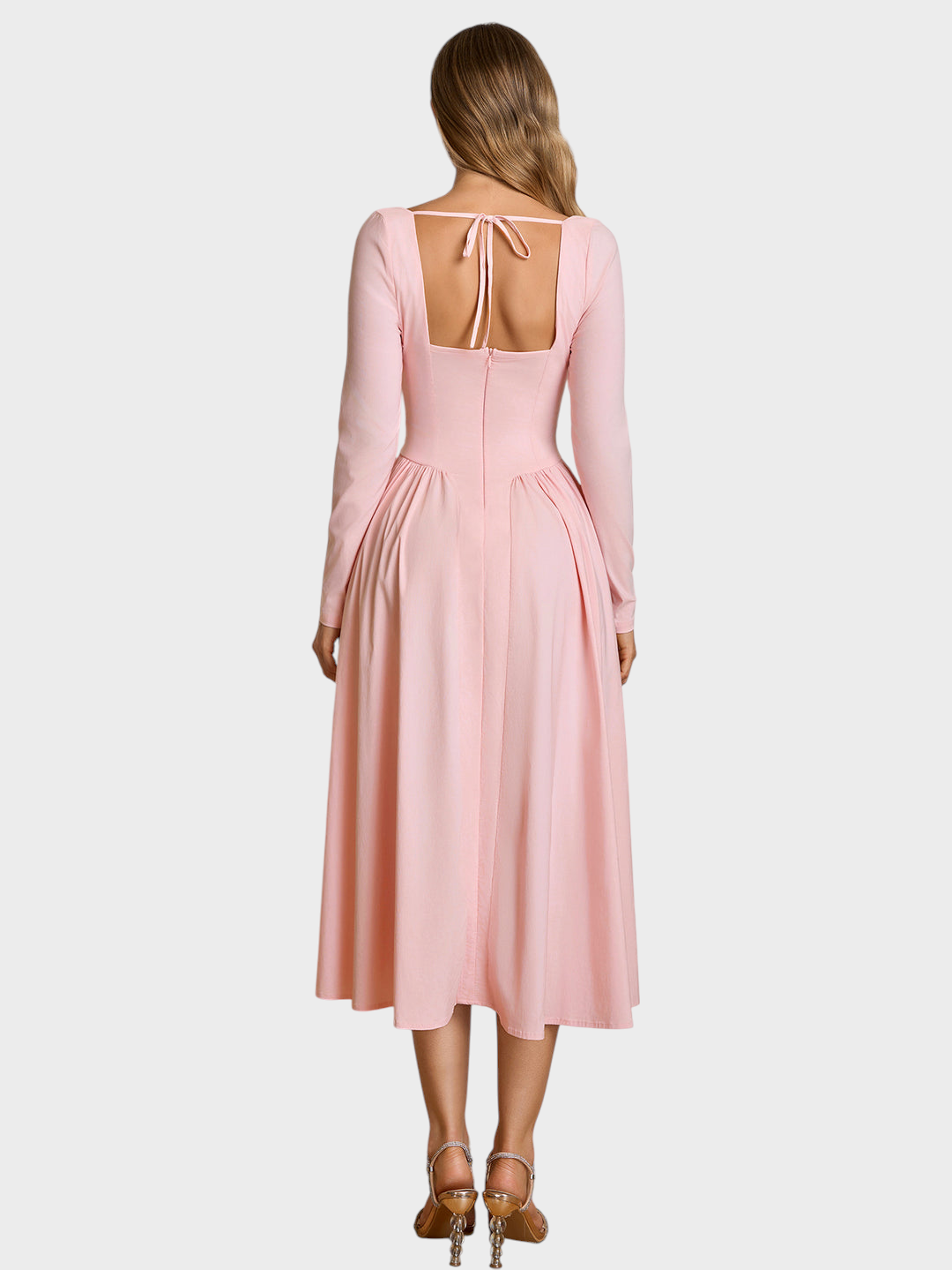Robe midi trapèze pour femme à manches longues et encolure cœur
