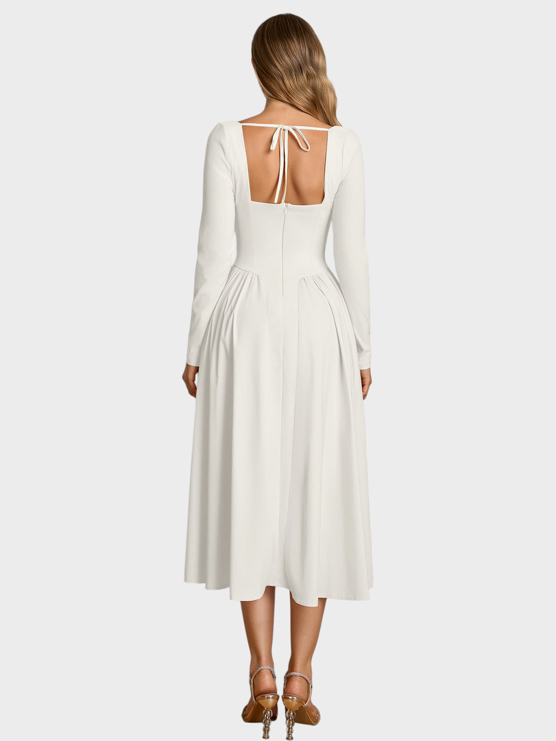 Robe midi trapèze pour femme à manches longues et encolure cœur