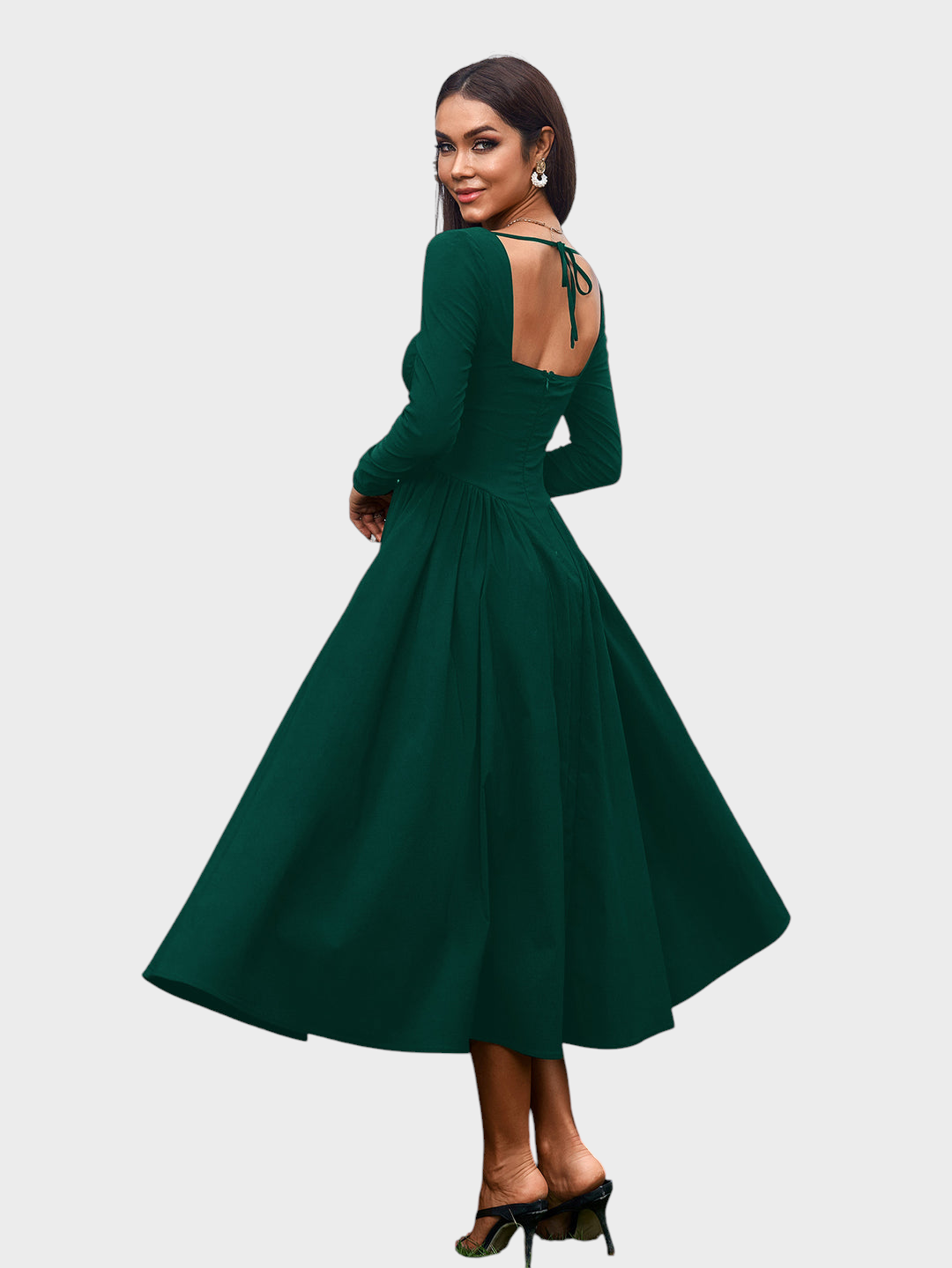 Robe midi trapèze pour femme à manches longues et encolure cœur