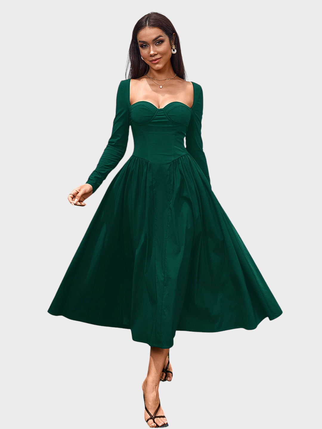 Robe midi trapèze pour femme à manches longues et encolure cœur