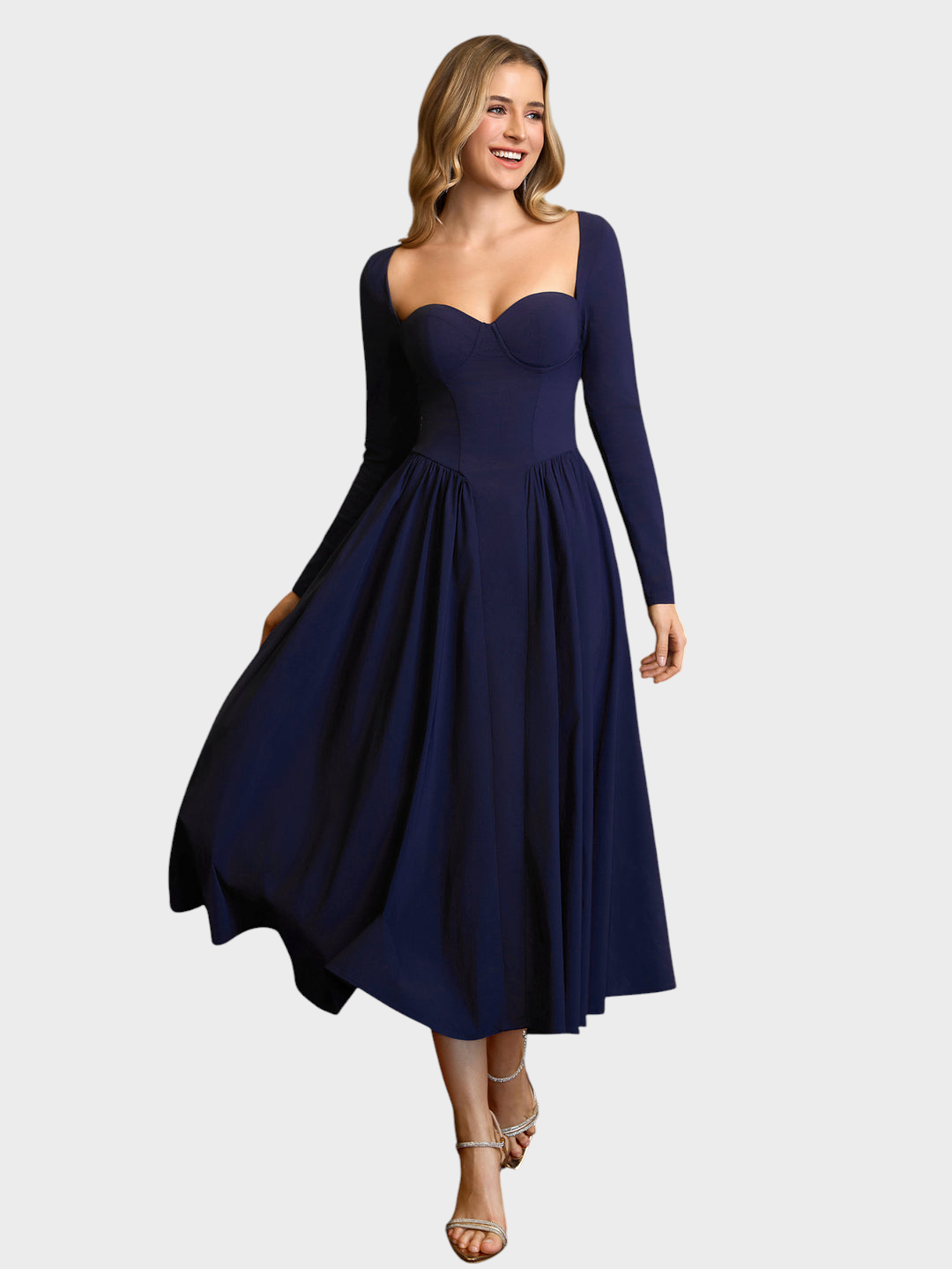 Robe midi trapèze pour femme à manches longues et encolure cœur