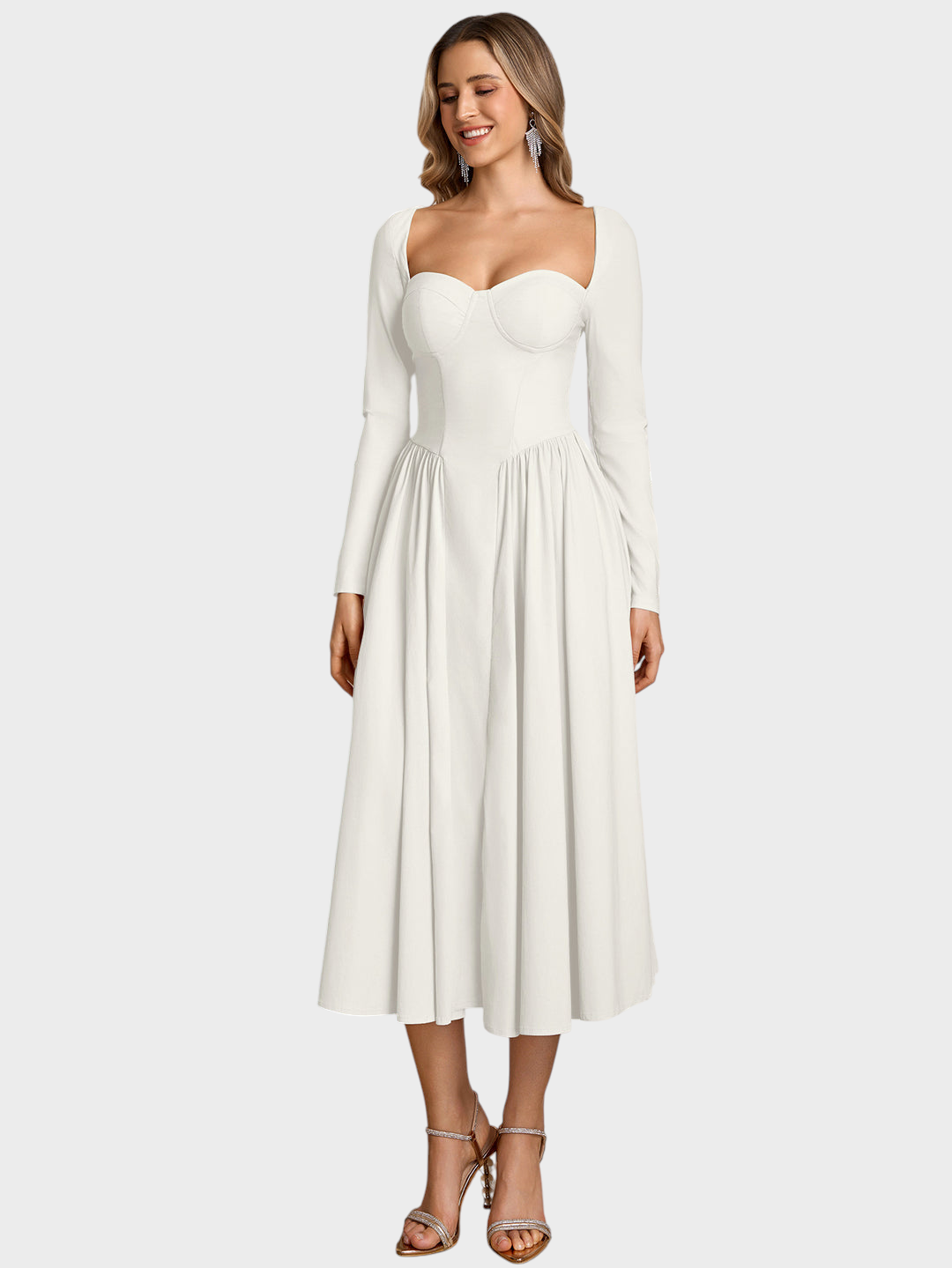 Robe midi trapèze pour femme à manches longues et encolure cœur