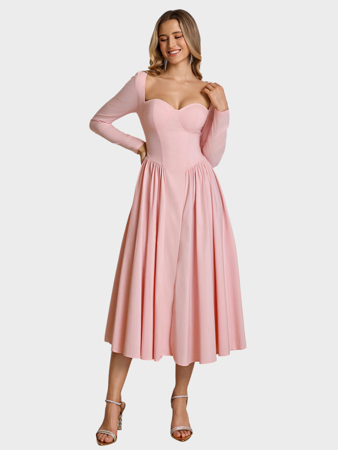 Robe midi trapèze pour femme à manches longues et encolure cœur