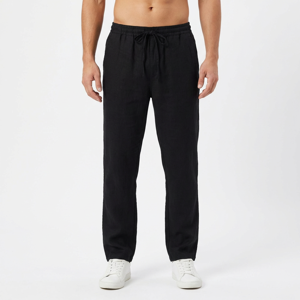 Pantalon en mélange de lin à taille élastique et cordon de serrage pour homme