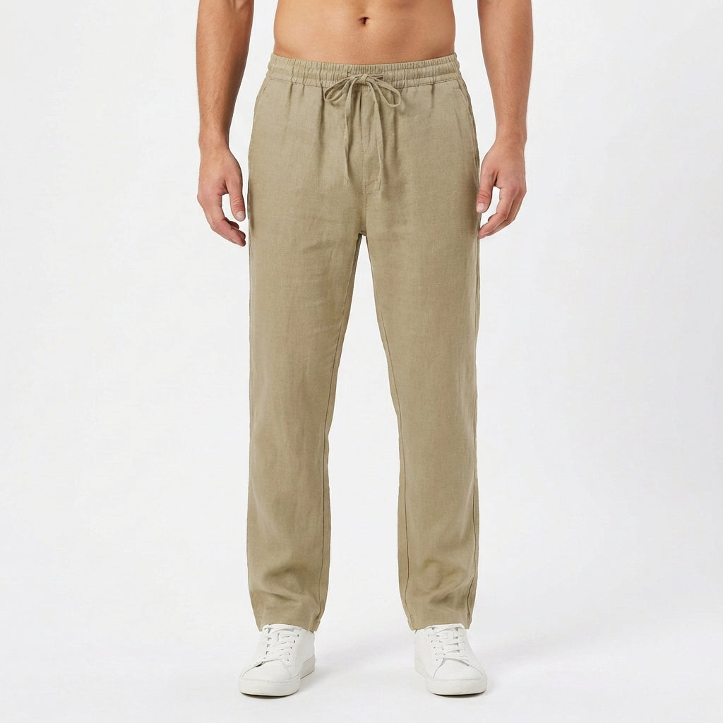 Pantalon en mélange de lin à taille élastique et cordon de serrage pour homme