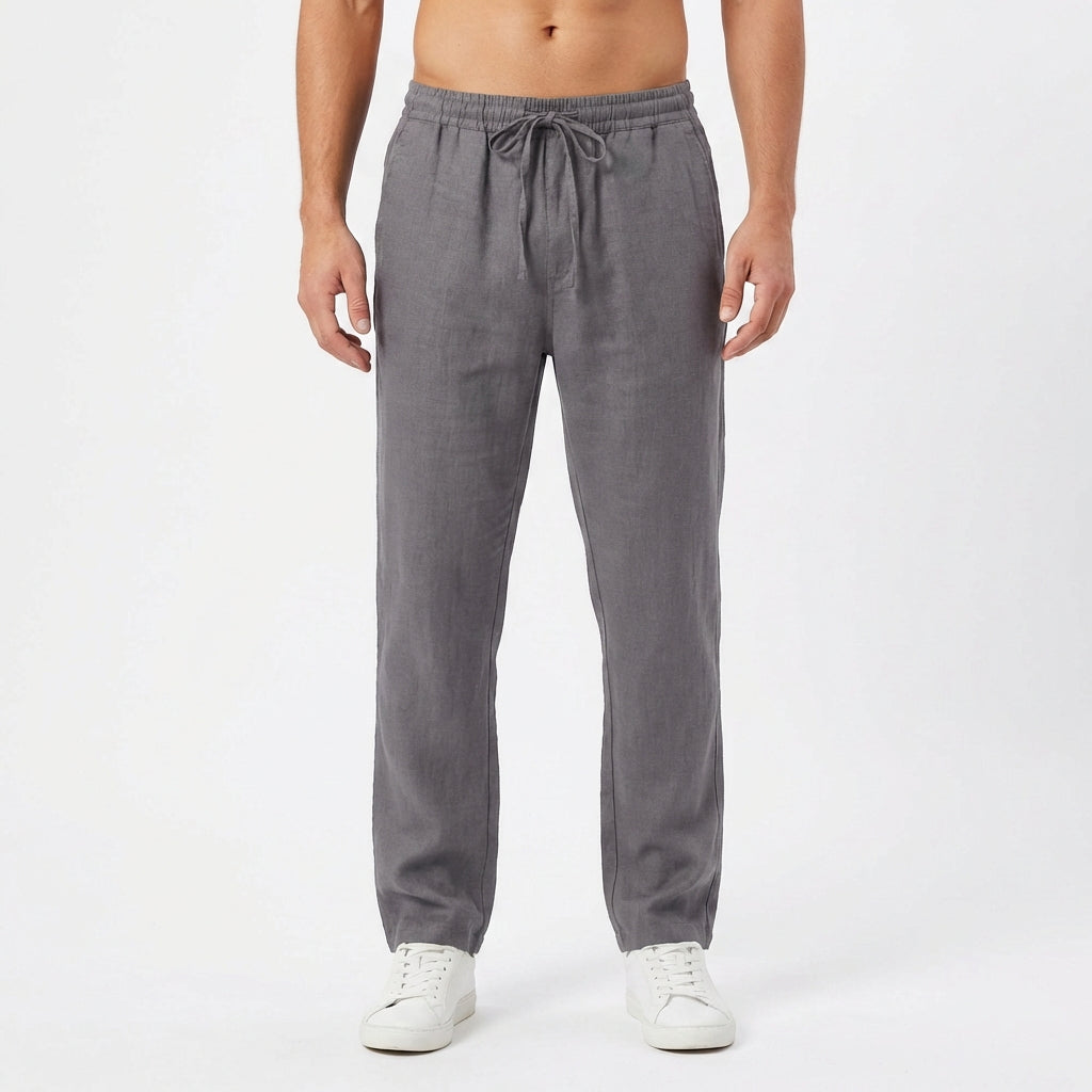 Pantalon en mélange de lin à taille élastique et cordon de serrage pour homme