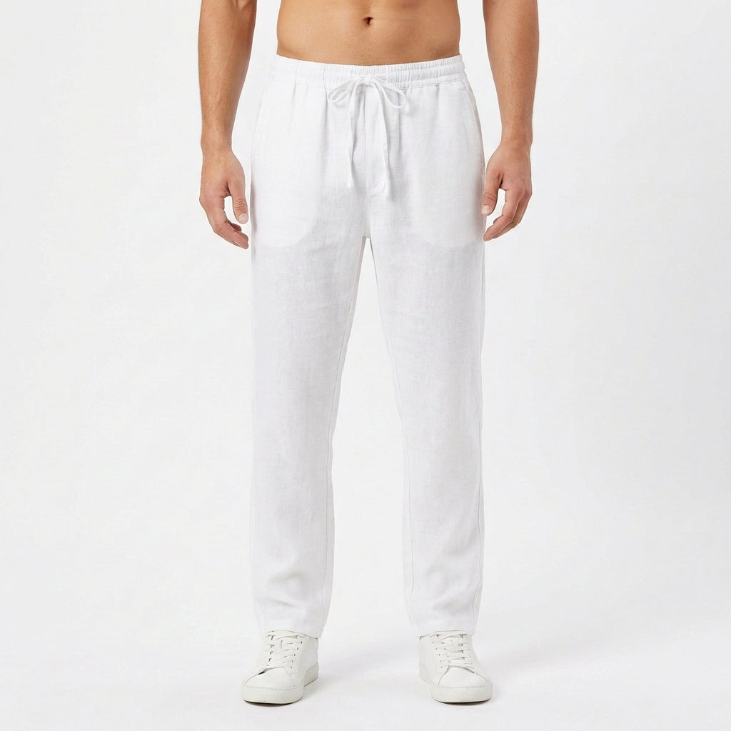 Pantalon en mélange de lin à taille élastique et cordon de serrage pour homme