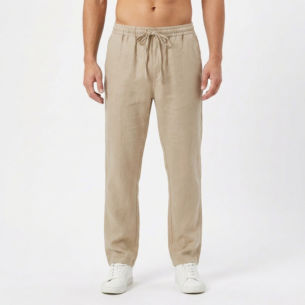Pantalon en mélange de lin à taille élastique et cordon de serrage pour homme