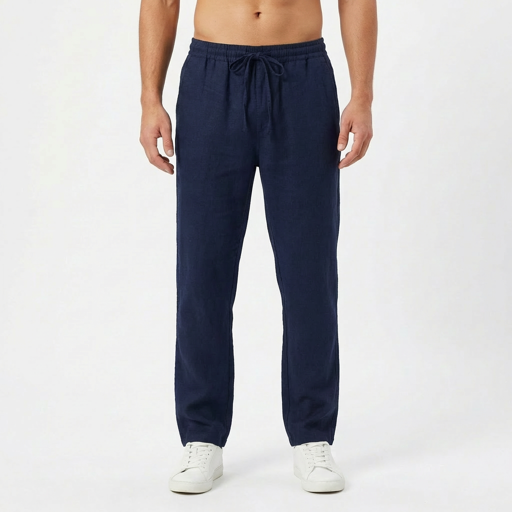 Pantalon en mélange de lin à taille élastique et cordon de serrage pour homme