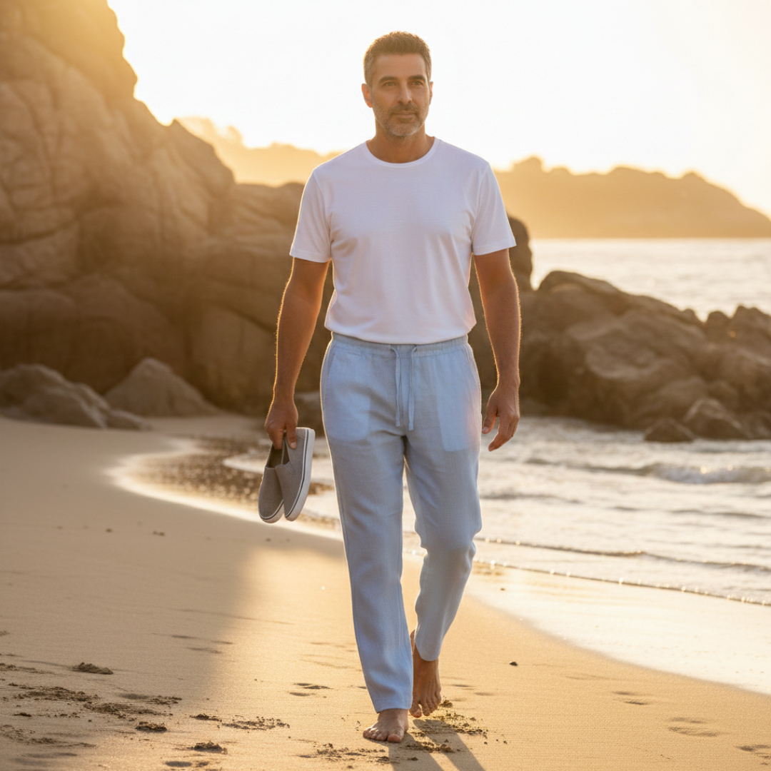 Men's Linen Blend Drawstring Trousers with Elastic Waist