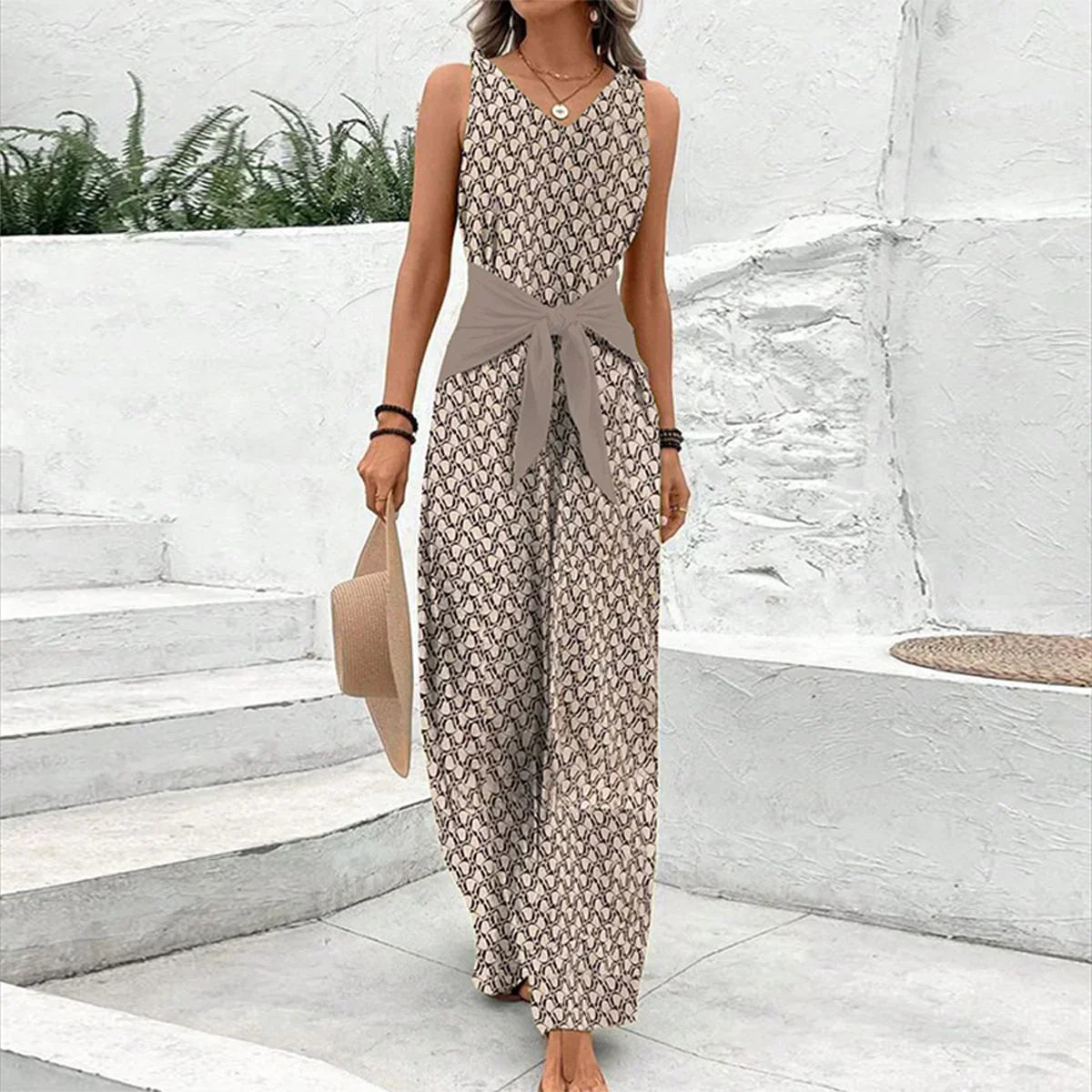 Women's Sleeveless Printed Wide Leg Jumpsuit