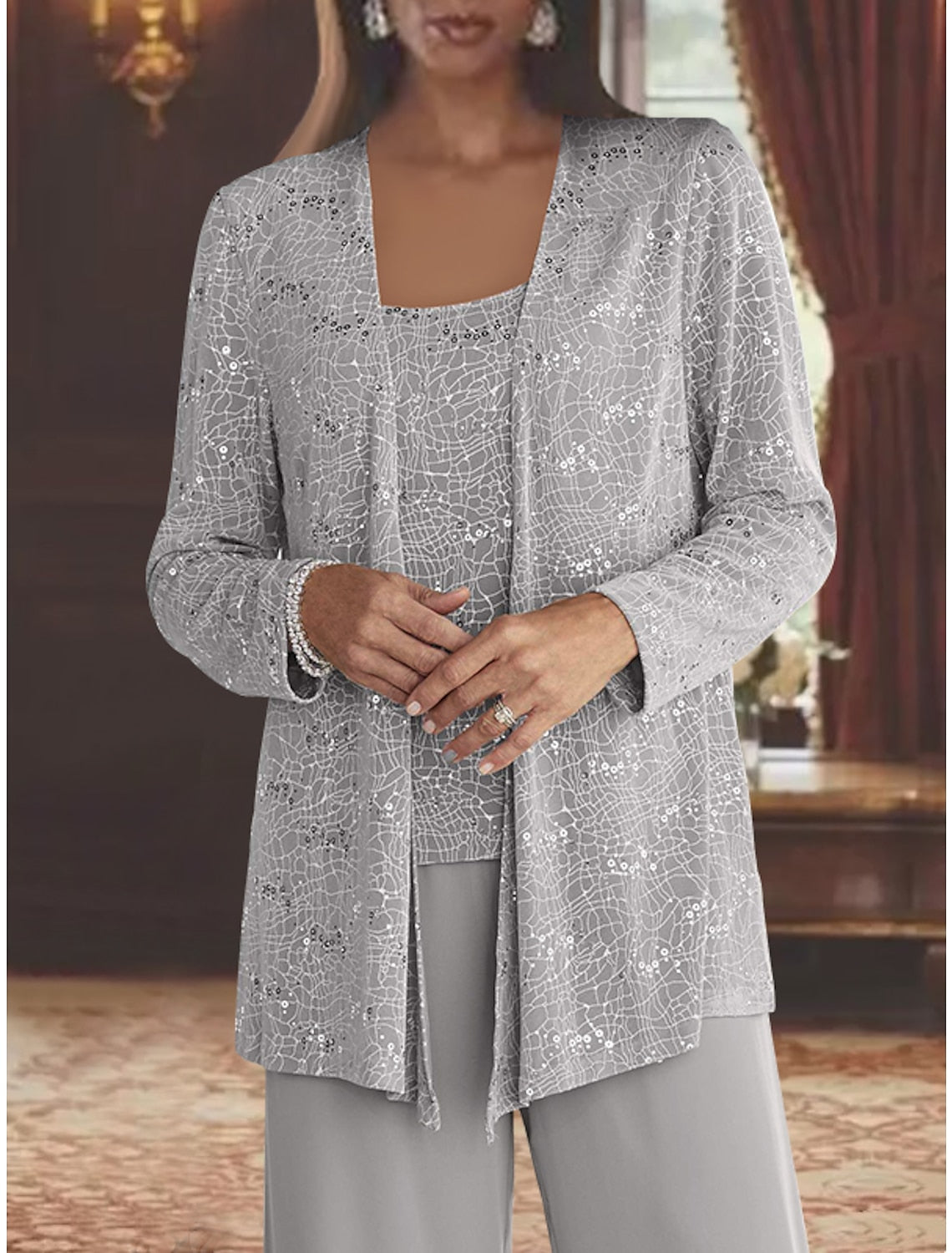 Women's Sequin Three Piece Evening Trouser Set