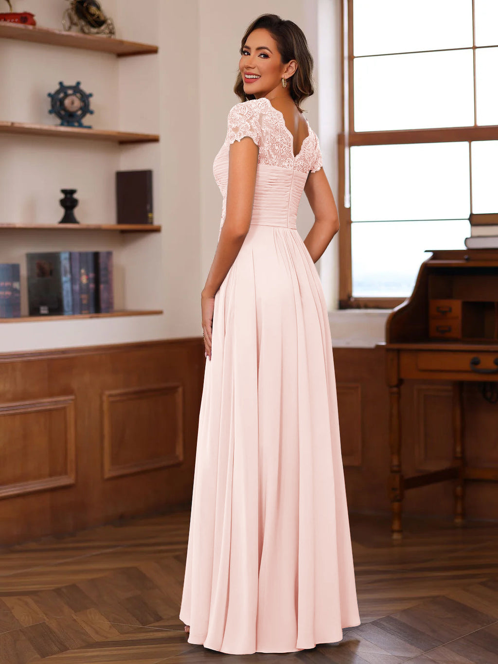 Women's Lace Sleeve Chiffon Maxi Evening Dress