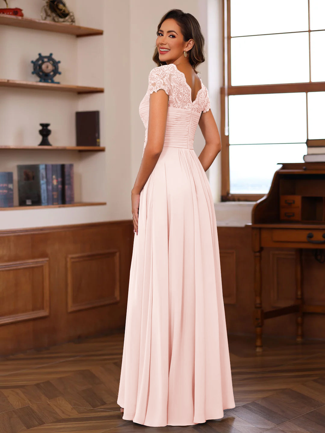 Women's Lace Sleeve Chiffon Maxi Evening Dress