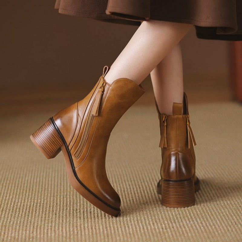 Women’s Leather-Look Ankle Boots with Block Heel and Side Zip