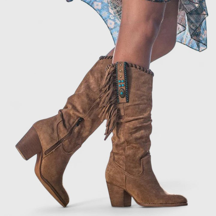 Women’s Western Fringe Mid-Calf Heeled Boots