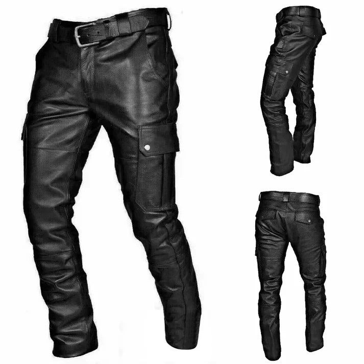 Men's Faux Leather Cargo Trousers with Utility Pockets