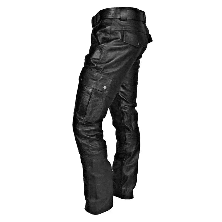 Men's Faux Leather Cargo Trousers with Utility Pockets