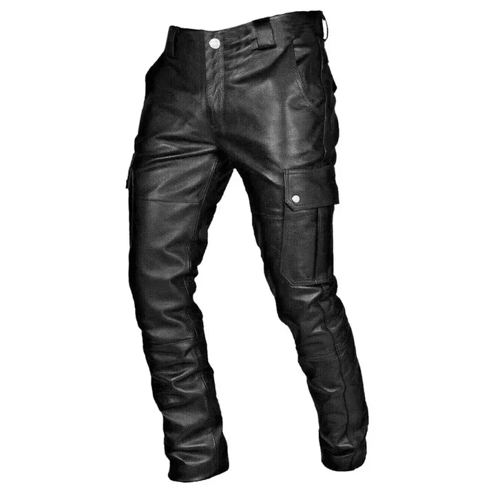 Pantalon cargo pour homme en similicuir avec poches utilitaires