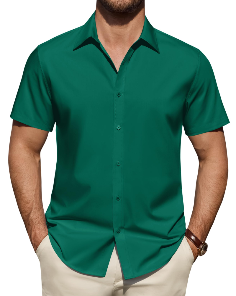 Short Sleeve Button-Up Shirt with Spread Collar