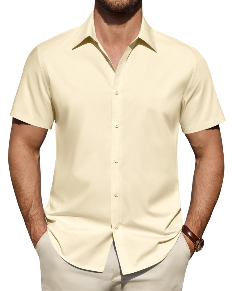 Short Sleeve Button-Up Shirt with Spread Collar