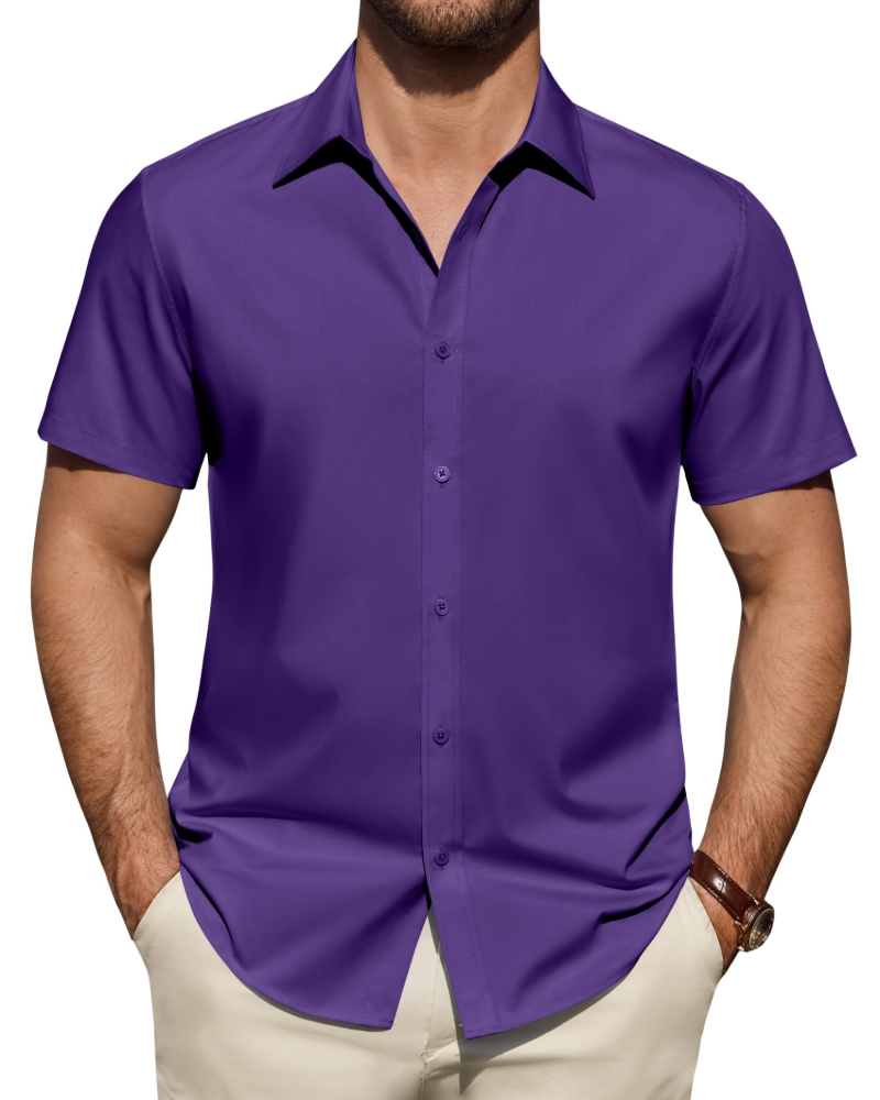 Short Sleeve Button-Up Shirt with Spread Collar