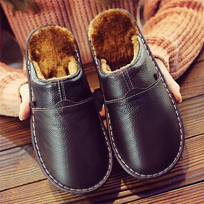Men's Waterproof Leather Slippers | Warm Lined Indoor Outdoor