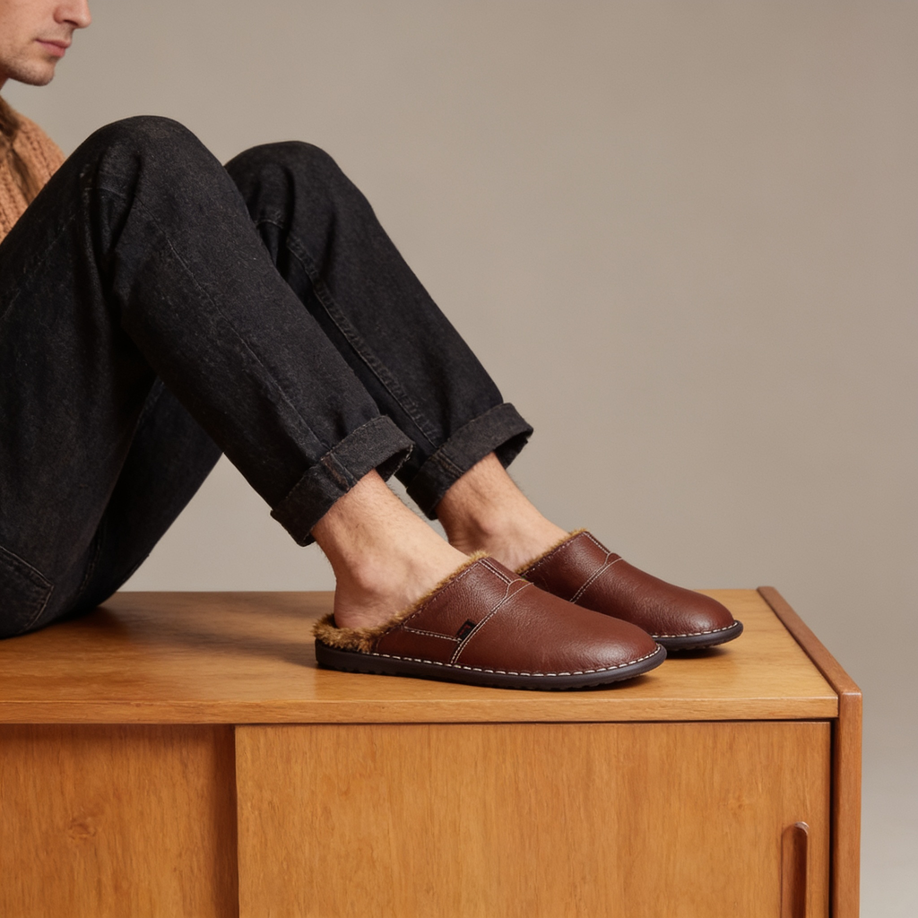 Men's Waterproof Leather Slippers | Warm Lined Indoor Outdoor