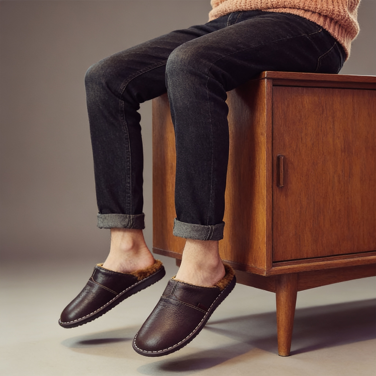 Men's Waterproof Leather Slippers | Warm Lined Indoor Outdoor