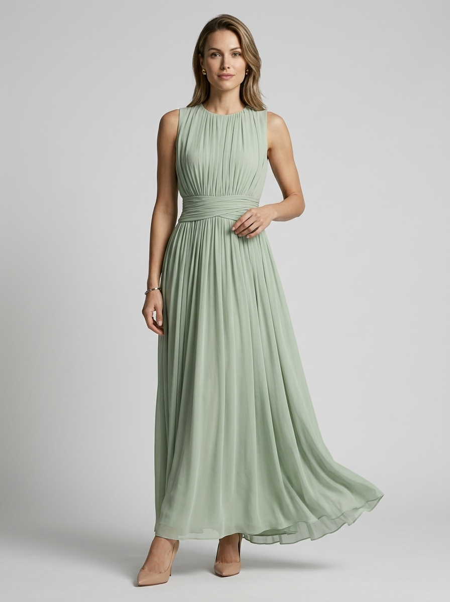 Women's Chiffon Summer Maxi Dress Sleeveless Round Neck Evening Dress