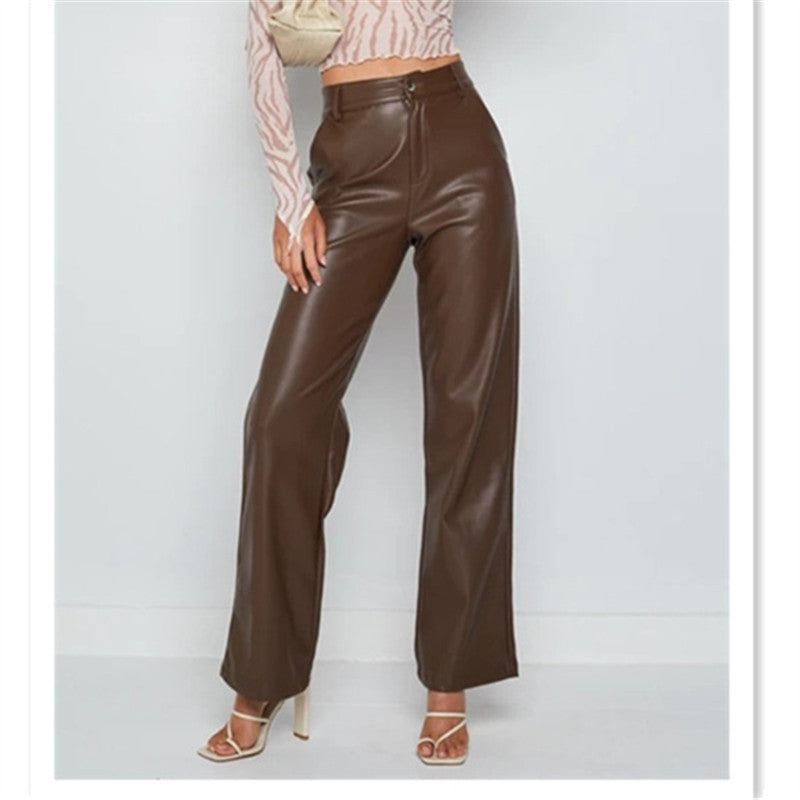 Women's High-Waisted Faux Leather Wide-Leg Trousers