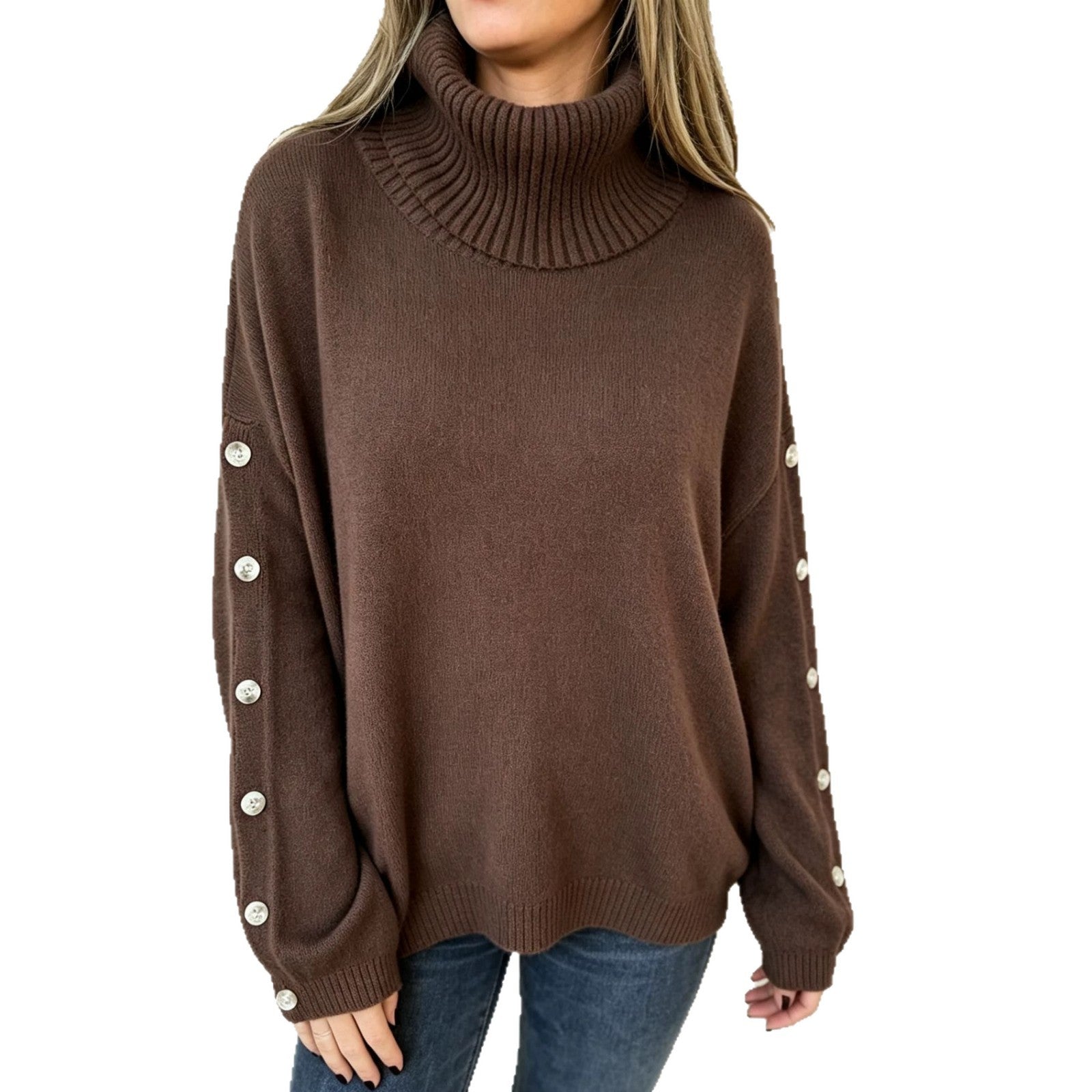 Women’s Roll Neck Jumper with Button Sleeves
