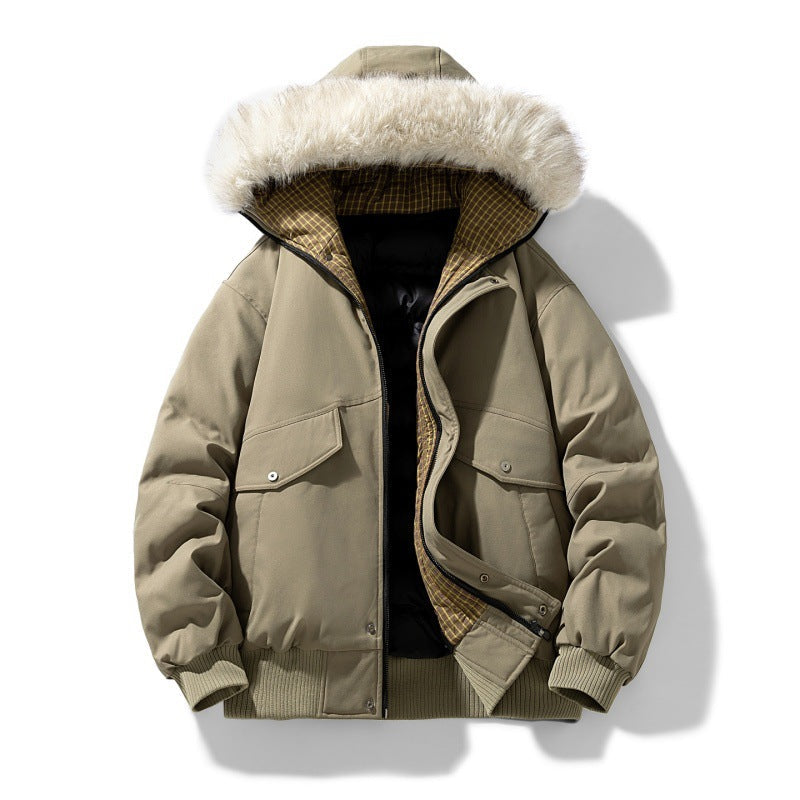 Blouson aviateur matelassé pour homme, à capuche et bordure en fausse fourrure