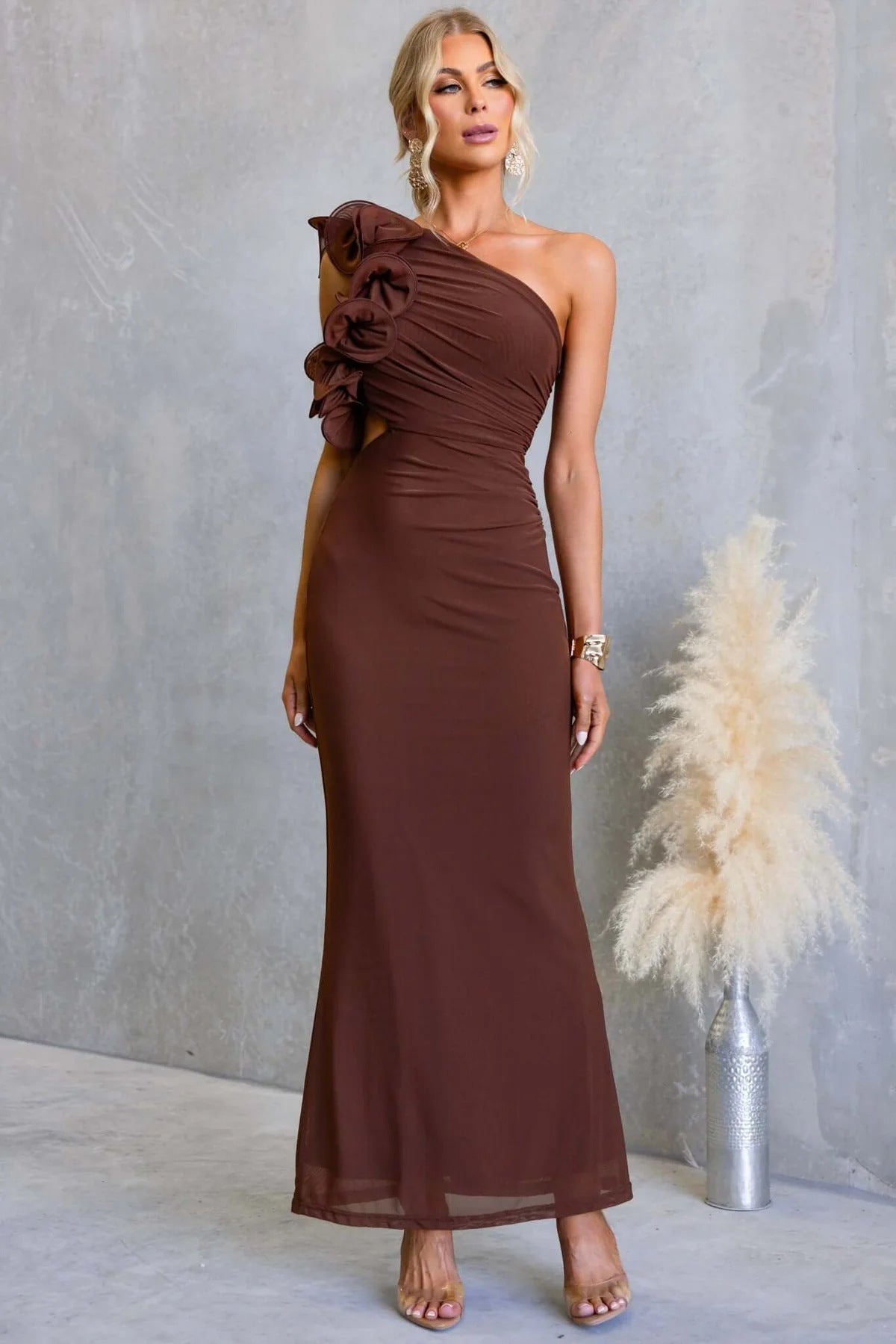 Women’s One-Shoulder Ruffle Maxi Dress with Ruched Detail