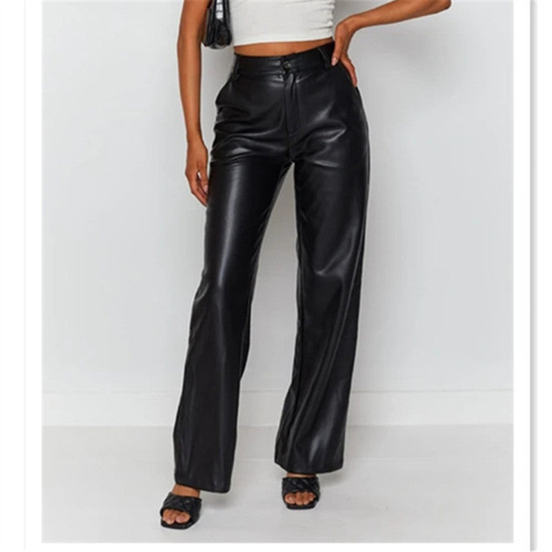 Pantalon large taille haute pour femme en simili cuir