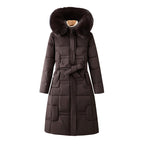 Women’s Long Padded Winter Coat with Faux Fur Hood & Belt