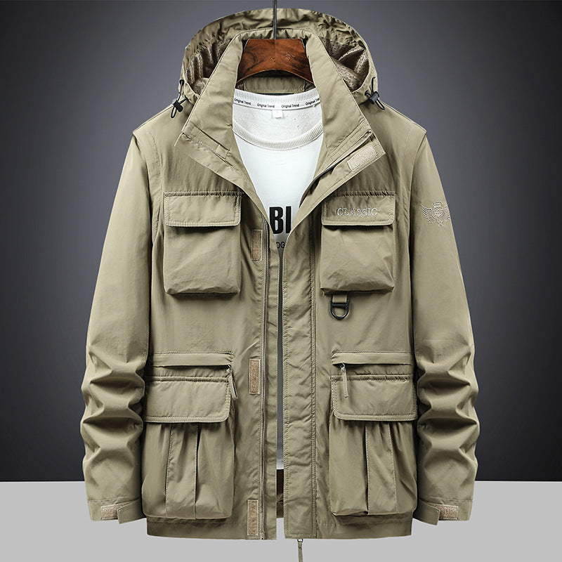 Men’s Hooded Utility Jacket with Multi-Pocket Design