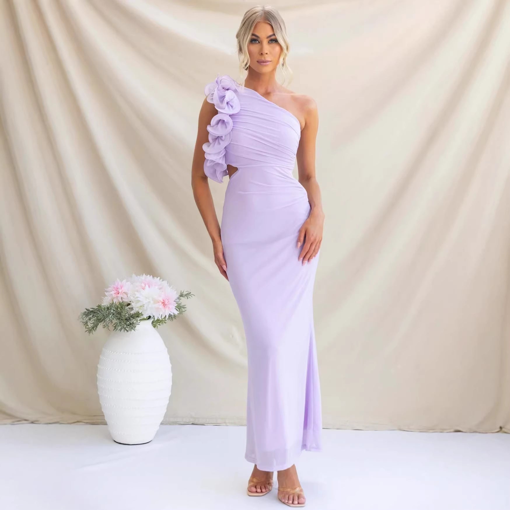 Women’s One-Shoulder Ruffle Maxi Dress with Ruched Detail