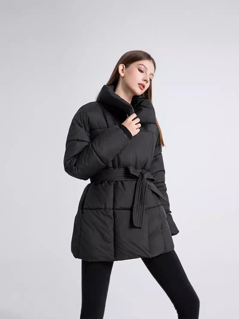 Women's Belted Puffer Jacket with High Collar