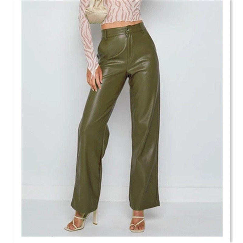 Pantalon large taille haute pour femme en simili cuir