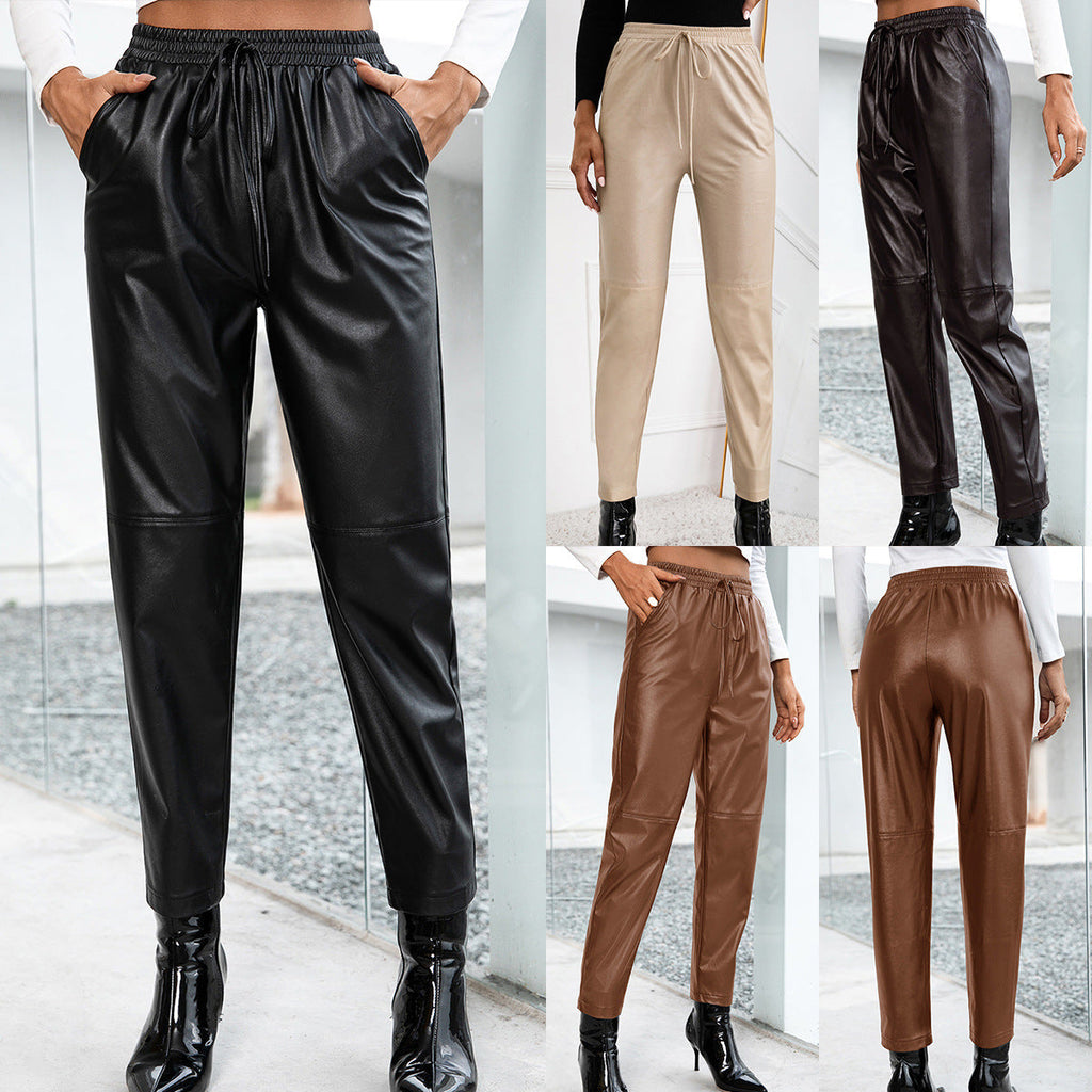 Women's Faux Leather Drawstring Tapered Trousers