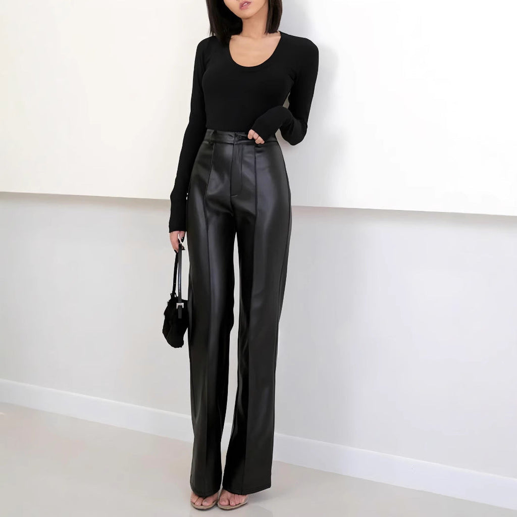 Women's High-Waisted Faux Leather Wide-Leg Trousers