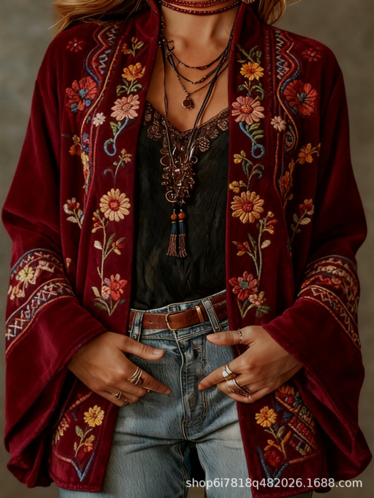 Aksamitna kurtka damska w stylu boho | flanelowy płaszcz o luźnym kroju