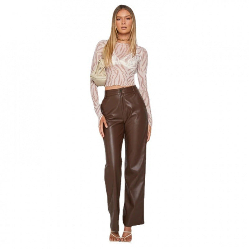 Pantalon large taille haute pour femme en simili cuir