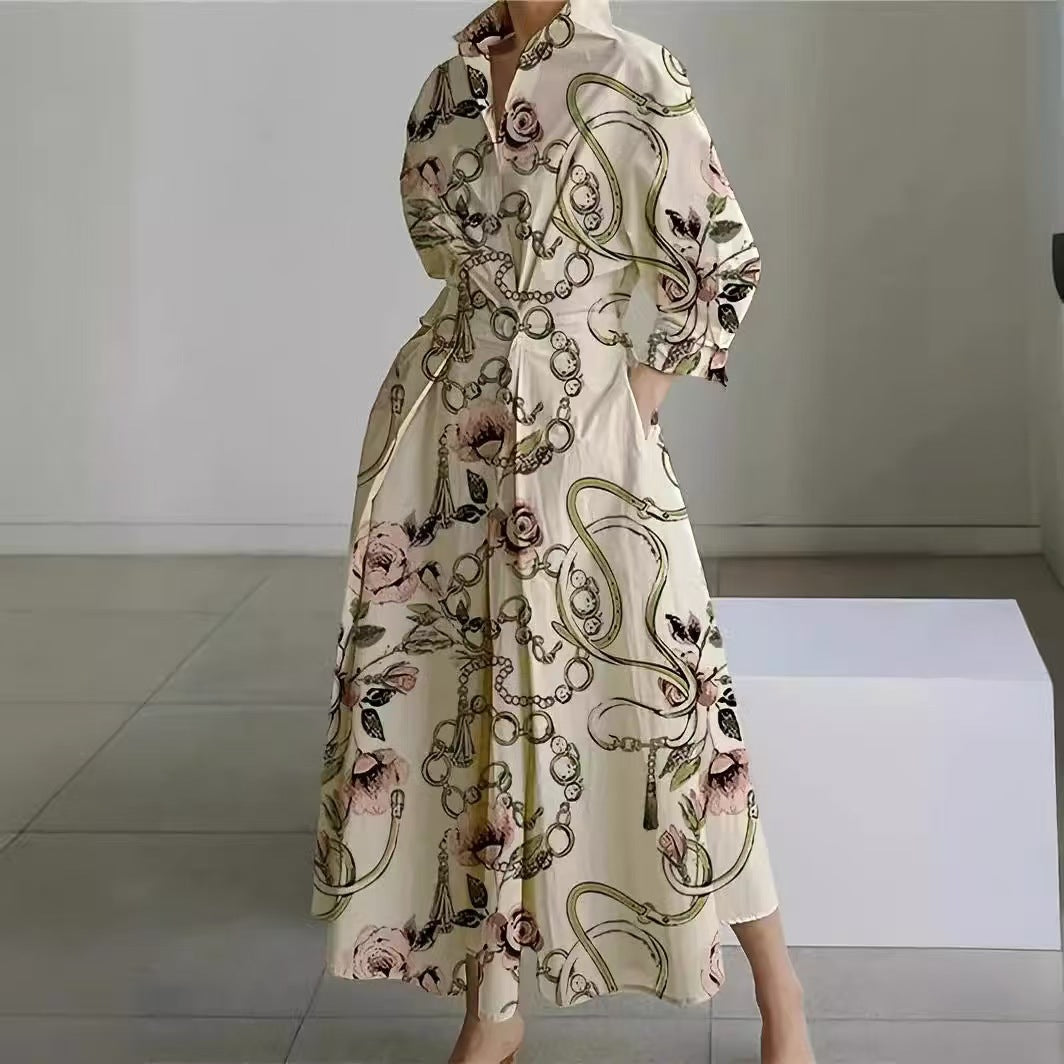 Robe-chemise midi imprimée pour femme avec ceinture