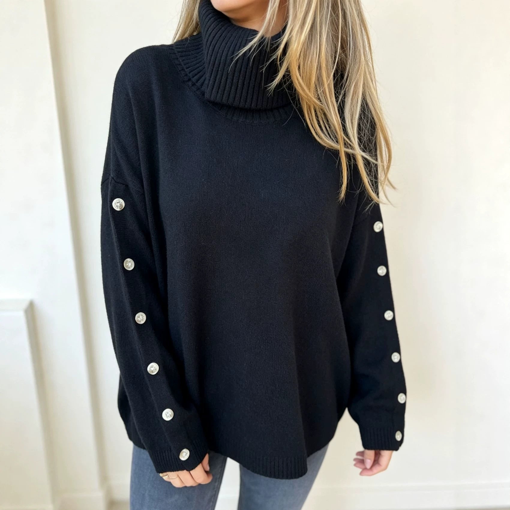 Women’s Roll Neck Jumper with Button Sleeves