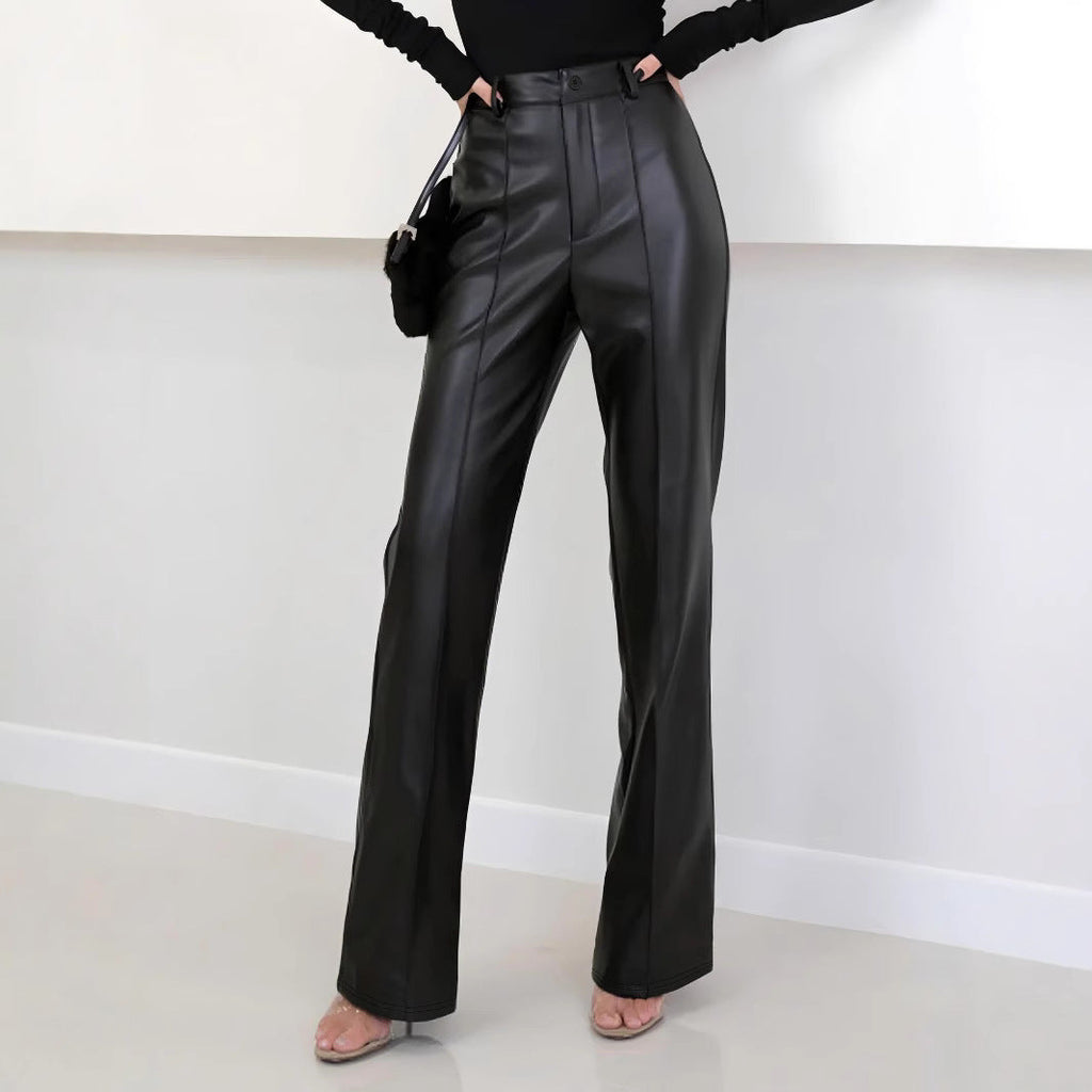 Women's High-Waisted Faux Leather Wide-Leg Trousers