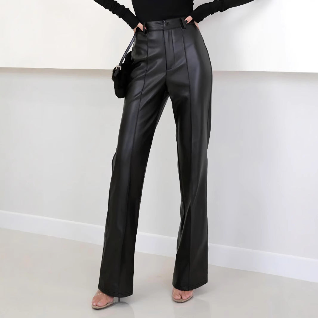 Pantalon large taille haute pour femme en simili cuir